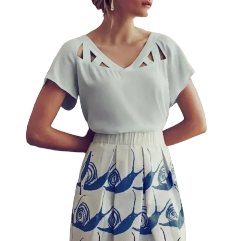 Maeve by Anthropologie Light Blue Lattice Neck Blouse - Picture 2 of 10